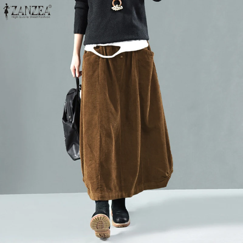 Elegant Women's Corduroy Skirts 2023 ZANZEA Spring Casual Sundress Elastic Waist Maxi Vestidos Female Robe Faldas Saia Oversized