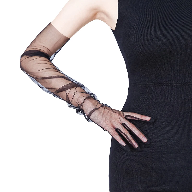 70cm Sexy Black Lace Net yarn Mesh Breathable Long Gloves Hollow Transparent Thin Touch Screen Summer Sunscreen Man Women Gloves