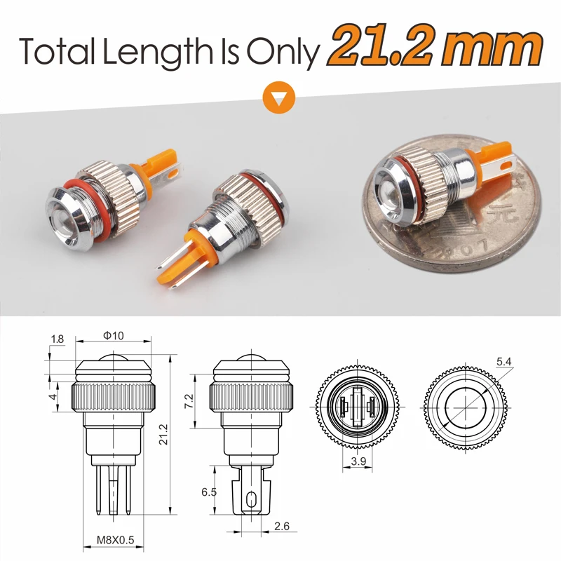 LANBOO-Mini lámpara indicadora de 8mm, 2 pines, punto de metal, luz roja, verde, azul, amarillo, con 12V LED individual, 24V