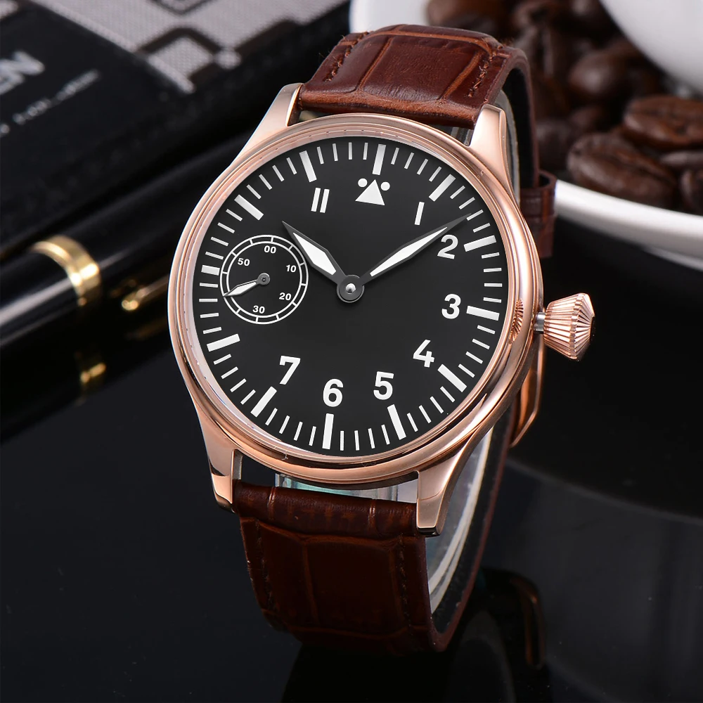 44MM Corgeut Fashion Sport Mechanical Watch Leather Black dial stainless case Hand Winding Seagull 6497 Mens watch часы мужские