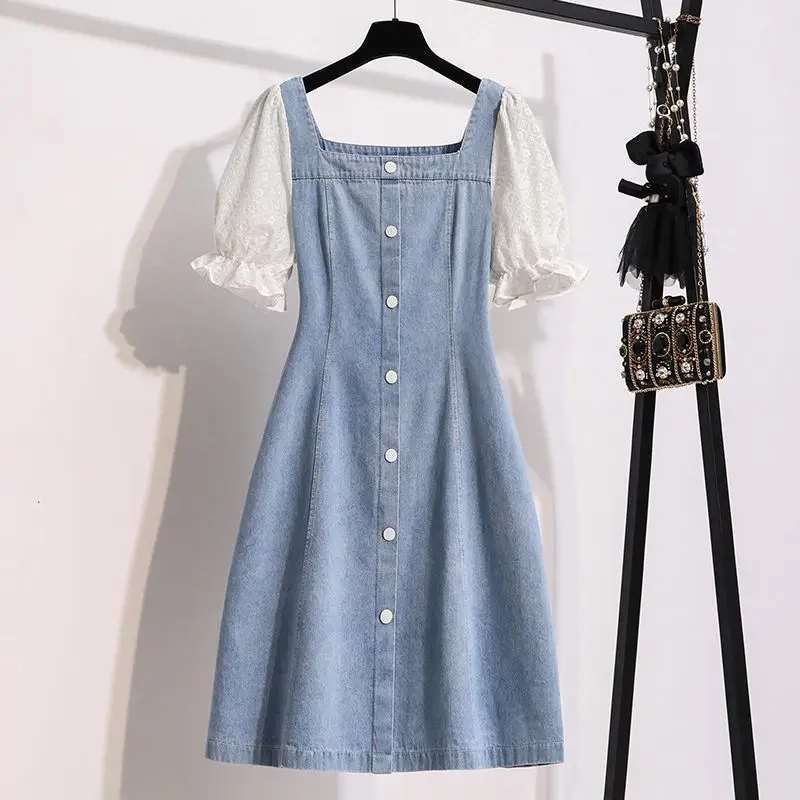 2023 New Summer Dress Women's Clothing Cute Large Size M-5XL Square Neck Light Blue Stitching Denim Dress Woman Dresses e025