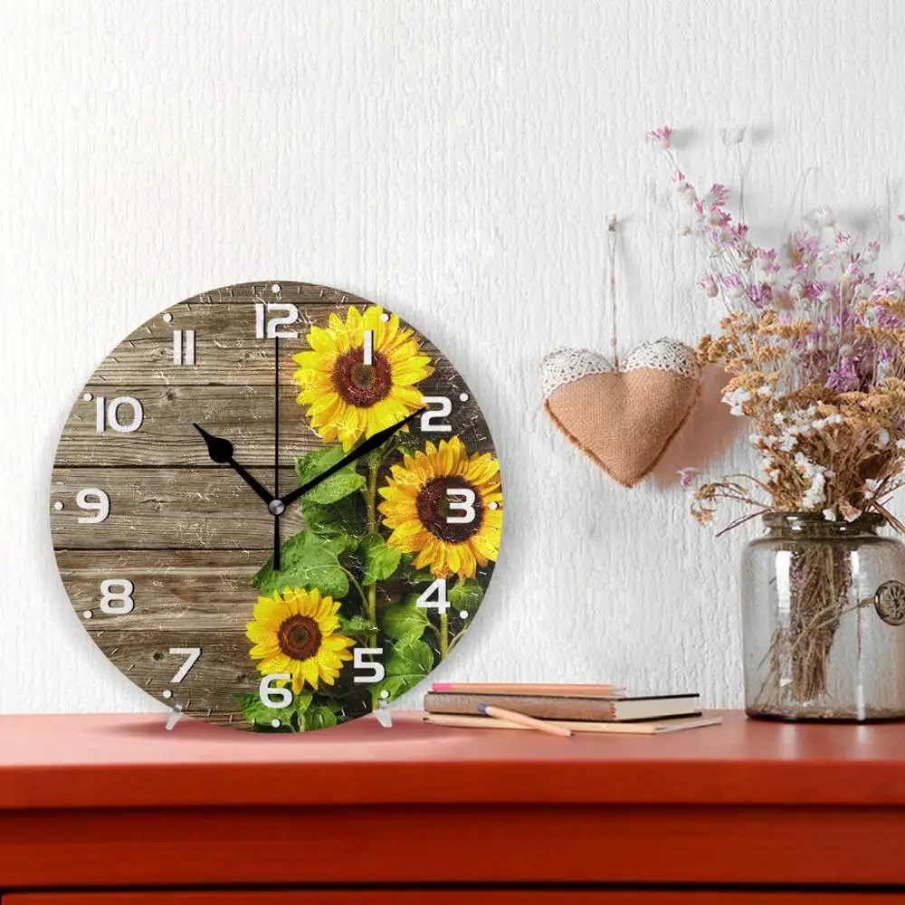 3D Sunflowers Vintage Wood Print Round Wall Clock Silent Wall Watch Battery Operated Quartz Analog Quiet Desk Clock for Home