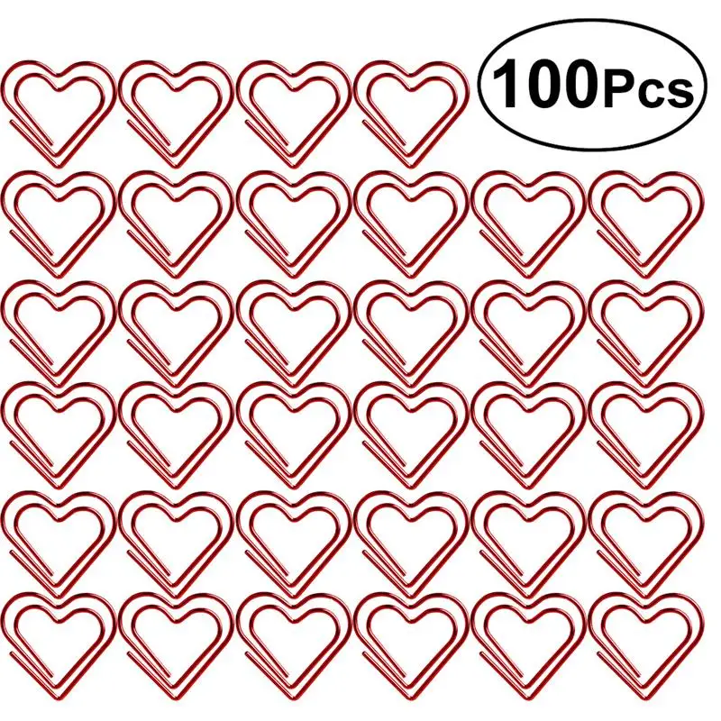 100pcs Paperclip Love Heart Paper Clips Marking Bookmark Pin Stationery Office Accessories Clip Note Holder (Red)