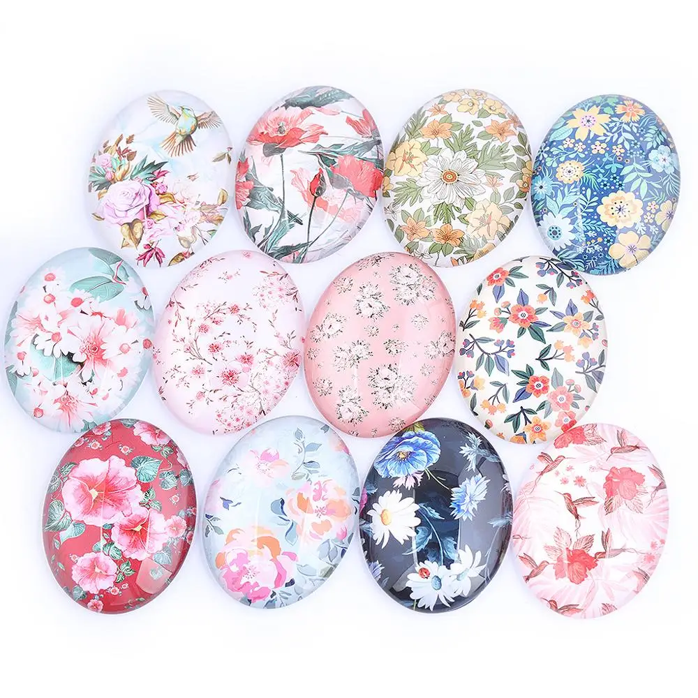 Reidgaller Mix Flower Bird Photo Oval Glass Cabochon 18x25mm 30x40mm 13x18mm Diy Flatback Handmade Jewelry Accessories