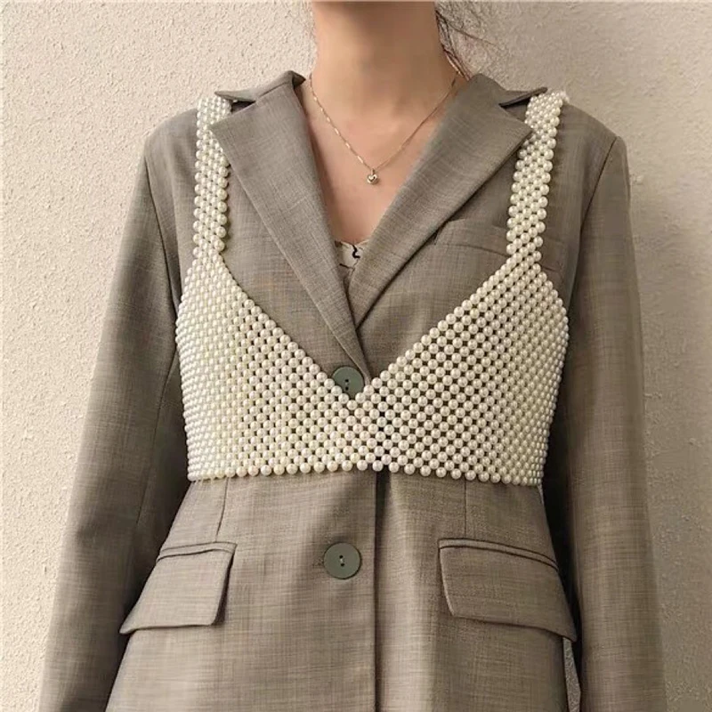 FSHXOL Fishion مزاجه مطرز الصدرية اللؤلؤ الكتف سلسلة مجوهرات فستان تصميم المنسوجة يدويا دعوى تي شيرت الصدر ملحقات السلسلة