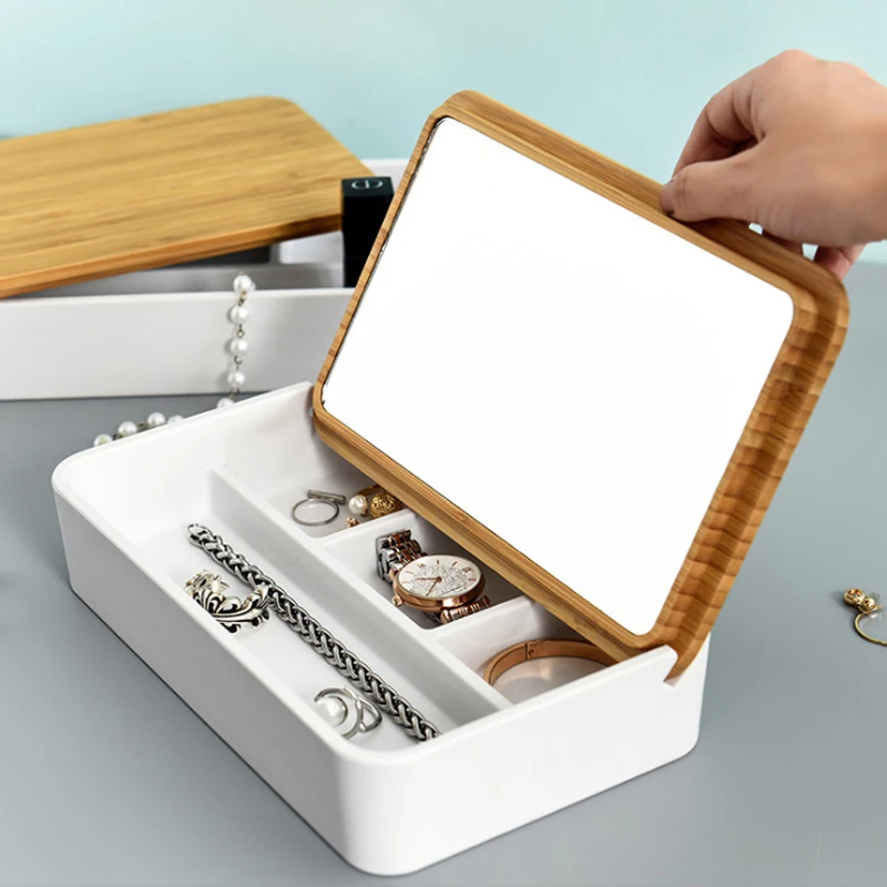 Multifunctional Jewelry Storage Box With Mirror Desktop Necklace Earrings Finishing Storage Box Desktop Makeup Mirror