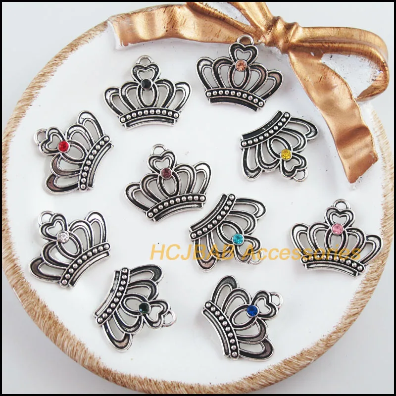 20 New Crown Charms Tibetan Silver Tone Retro Mixed Crystal Pendants 18x22mm