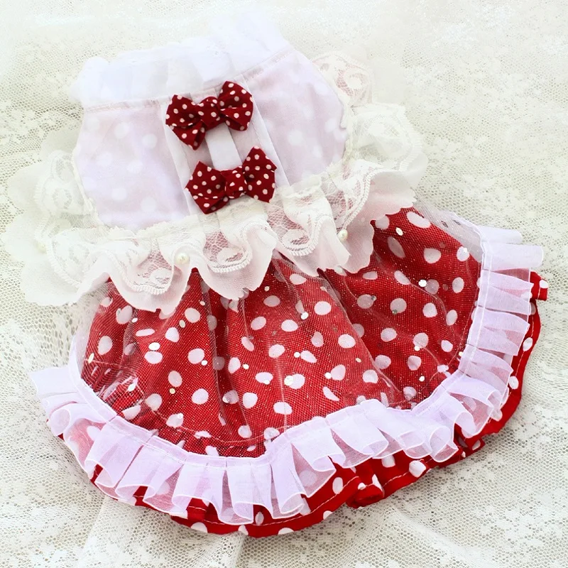 Handmade Dog Clothes Dress Cat Pet Supplies Shirt Retro Cute Classic Lace Red Dot Skirt Bow Princess One Piece Maltese Yorkie