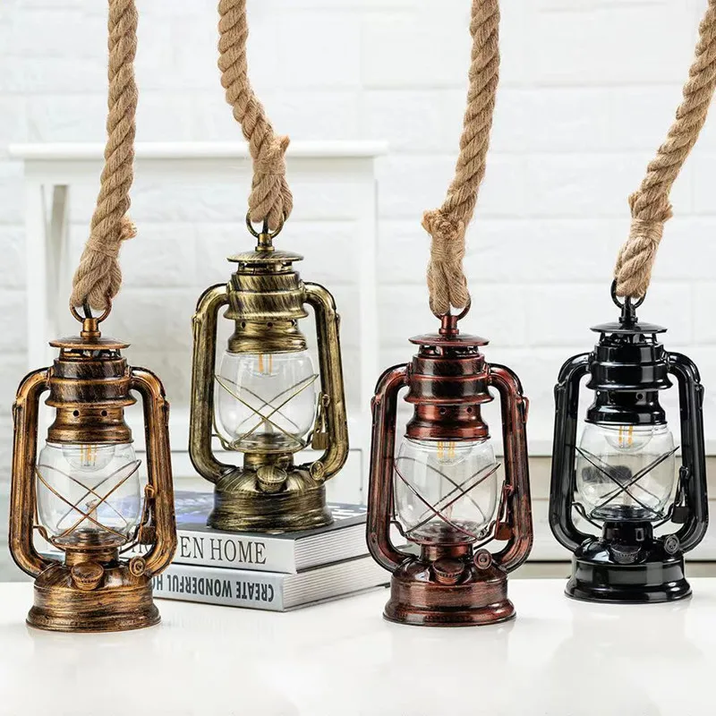 American Retro Country Hemp Rope Kerosene Pendant Light Personality Balcony Suspension Lamps Nostalgic Hanging Lantern