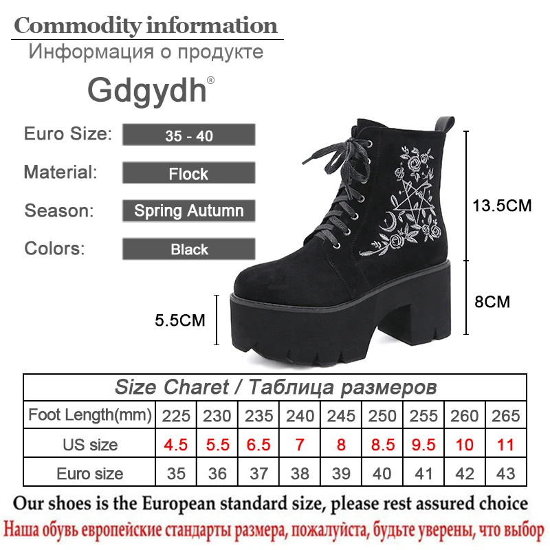 Gdgydh-Botas de plataforma con flores para mujer, zapatos góticos de cuero de ante, Punk, grueso, con cordones y cremallera trasera, de alta calidad