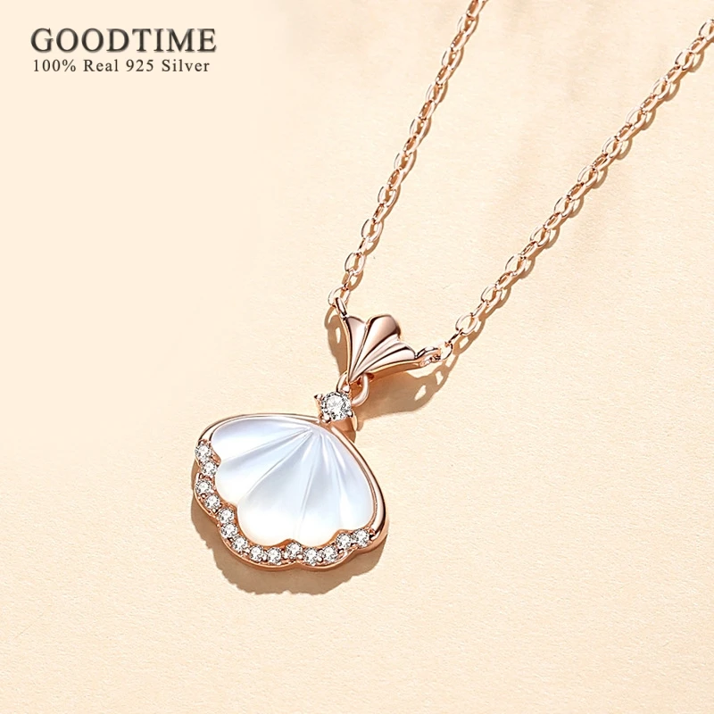 Trendy Women Necklace Pure 100% 925 Sterling Silver Shell Rhinestone Pendant Necklace Chains Jewelry Gift For Girl Party