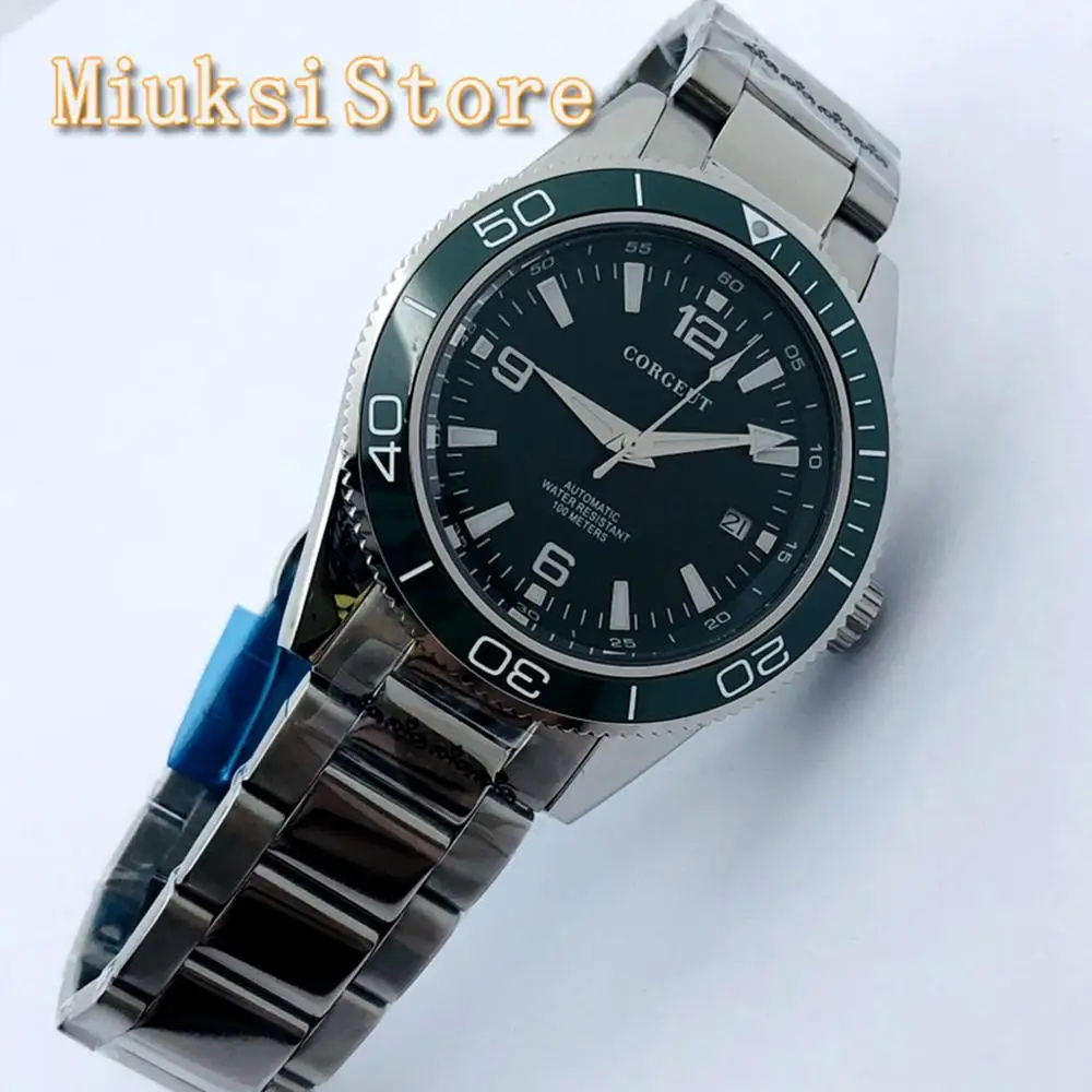 CORGEUT 41mm Men\'s Top Mechanical Watch Sapphire Glass Ceramic Bezel Green Dial Date Waterproof Stainless Steel Automatic Watch