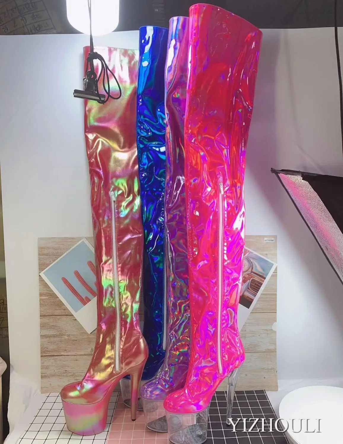 15-17-20cm over-the-knee boots, color-changing materials, zipper openings for dancers fashion sexy runway shoes to thigh boots