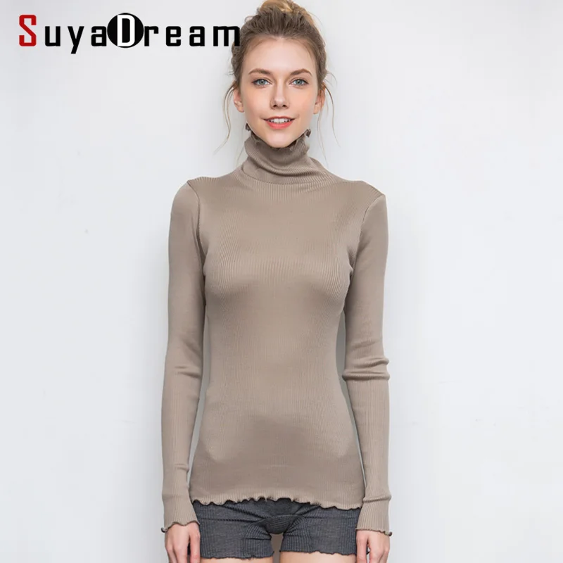 SuyaDream Women Solid Turtleneck Pullovers 80%Silk 20%Cotton Slim Fit Rib Sweaters 2021 Autumn Winter Bottoming Knit wear