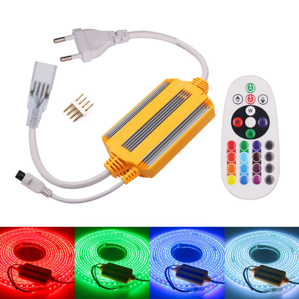 220V Waterproof LED RGB Controller with 1500W IR 24Keys Remote Controller for 2835 5050 LED Strip or Neon Light EU Plug