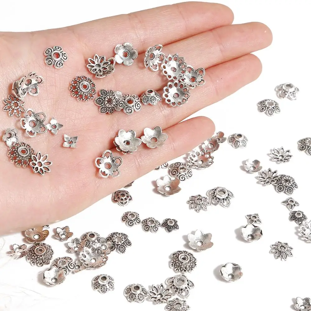 Mix 20Styles 50pcs Silver 6-14mm Flowers Filigree Petal End Caps Findings End Spacer Charms Bead Cap For Jewelry Making Supplies
