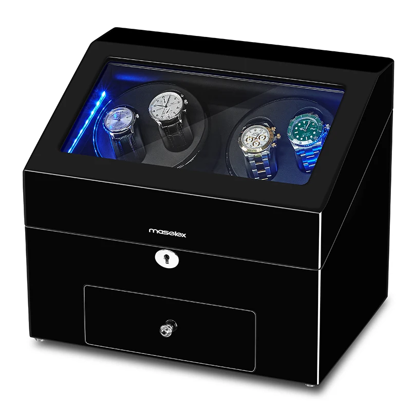 JQUEEN Automatic Baking Finish Wood Watch Winder Display Box 4+9 Storages Interior Black PU Leather With LED Light