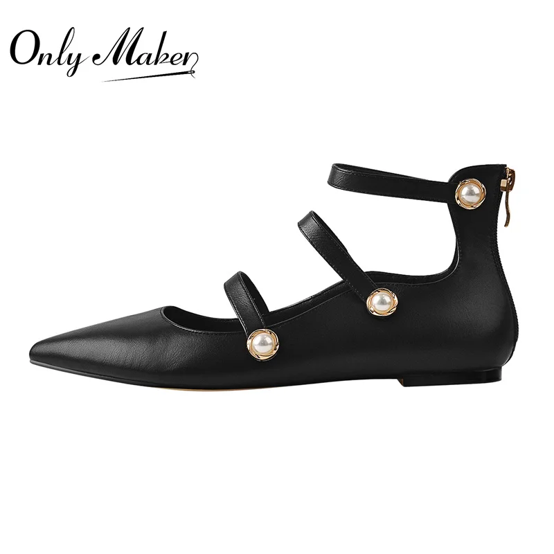 Onlymaker Women Pointed Toe Flats Elegant Pearl Metal Decoration Matte Black Narrow Strap Comfortable Big Size Zip  Flats