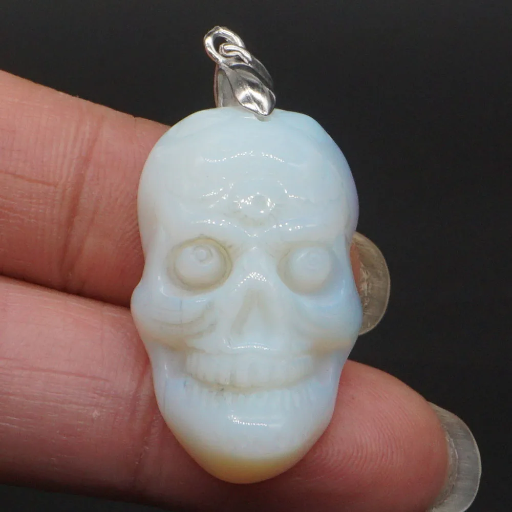 

1.2" Skull Head Statue Nice Opalite Stone Pendant Carved Necklace Fashion Jewelry