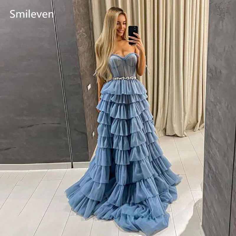 Smileven Blue Sweetheart Princess Prom Dress Ball Gown Puffy Tiered Tulle Long Evening Dress Deep V Neck Prom Party Dresses