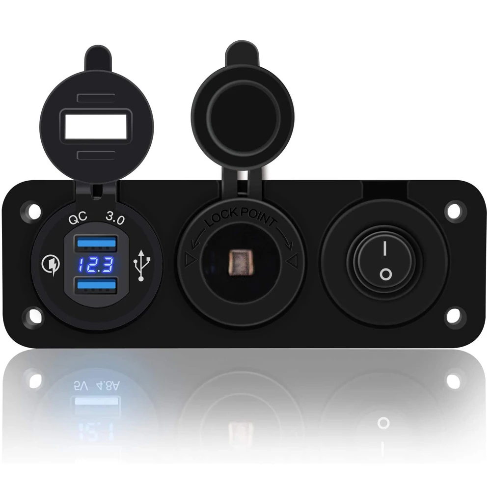 

QC 3.0 Dual USB Ports with LED Voltmeter + 12V Power Socket Outlet + ON-Off Toggle Switch Panel for Car Boat Marine RV Truck