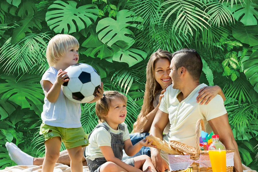 خلفية لأوراق النباتات الاستوائية من العشب الأخضر ، استحمام الطفل ، حفلة عيد ميلاد الأطفال ، صورة الزفاف ، خلفية التصوير الفوتوغرافي ، ديكور الحائط