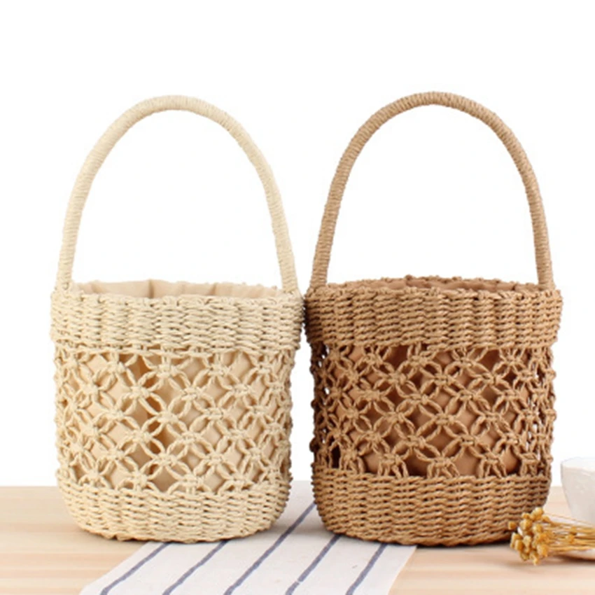 

Japan and South Korea style new portable bucket woven bag hand bag hollow straw bag summer vacation photo leisure beach bag