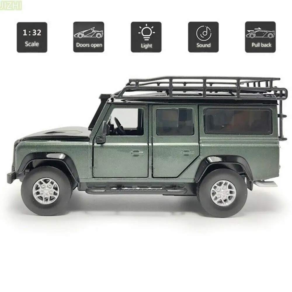 Green 1/32 Scale Pull Back Alloy+ABS+Rubber Car Toy Model Vehicle With Sound&Light Effect For Land Rover Defender