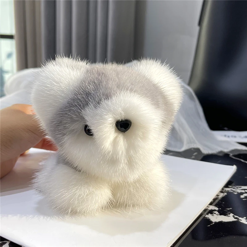 Plush Real Mink Fur Keychain Cute Puppy Women Handbag Charm Pendant Ornament Car Key Metal Ring Trinkets Toy Dog Birthday Gift