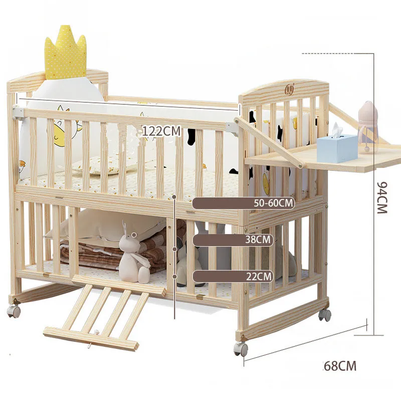 Massief Grenen Hout Babybedje Stiksels Grote Bed, multifunctionele Kid Cot Kan Uitbreiden Tot 168Cm Pak Voor Oudere Kinderen