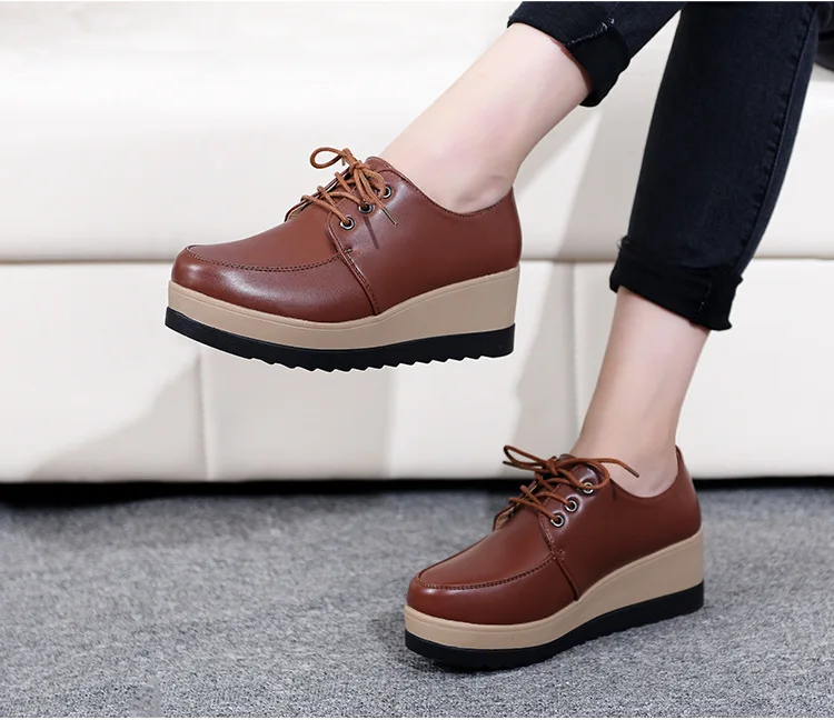 

New Winter Spring Woman Oxford Shoes Pu Leather Lace Up Casual Shoes Platform Sewing Shoes Brown Black Flats shoes Large size