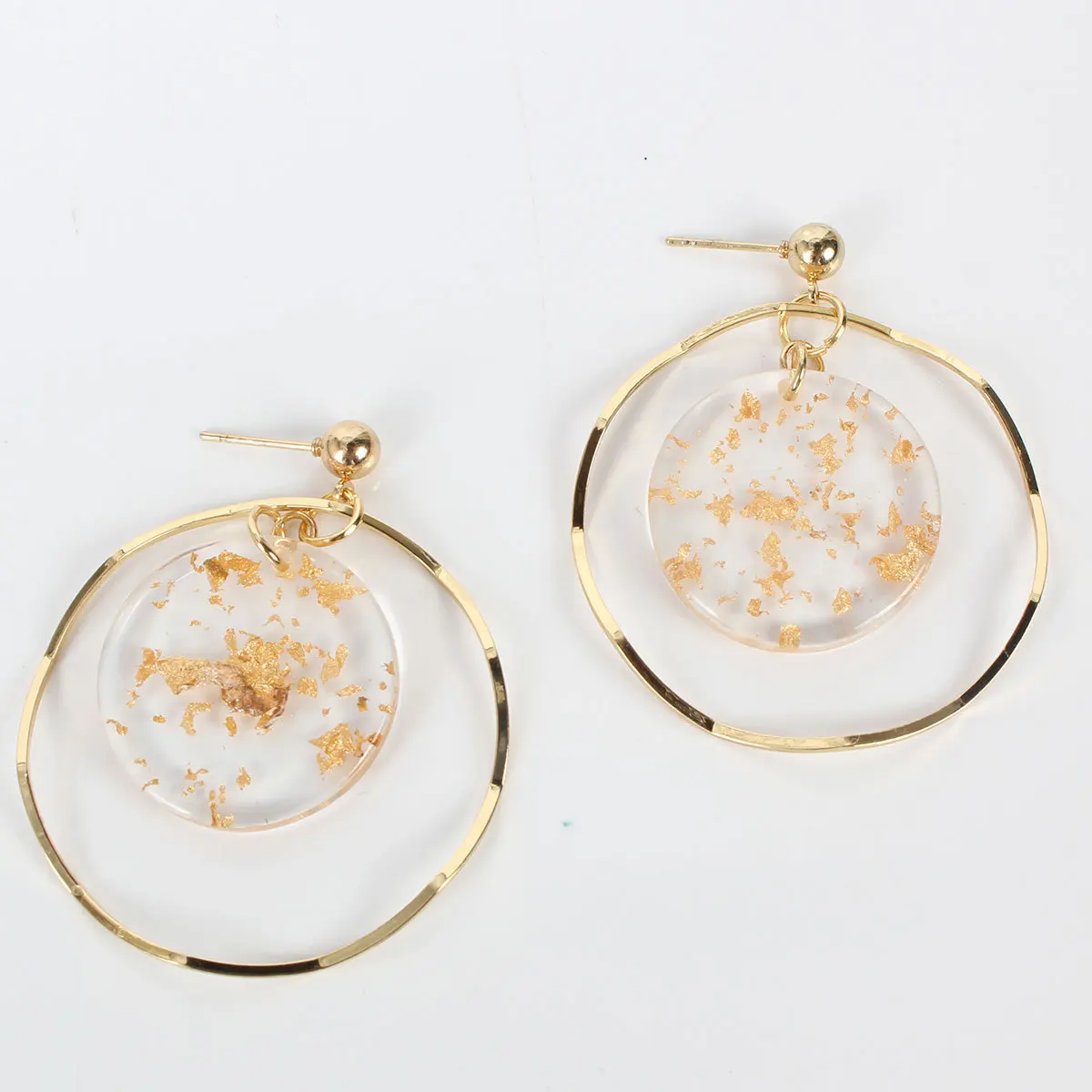 Korean Tide Retro Fashionable Metal Hollow Out Earring Mosaic Circle Transparent Resin Gold Sequins Simple Geometric Earrings
