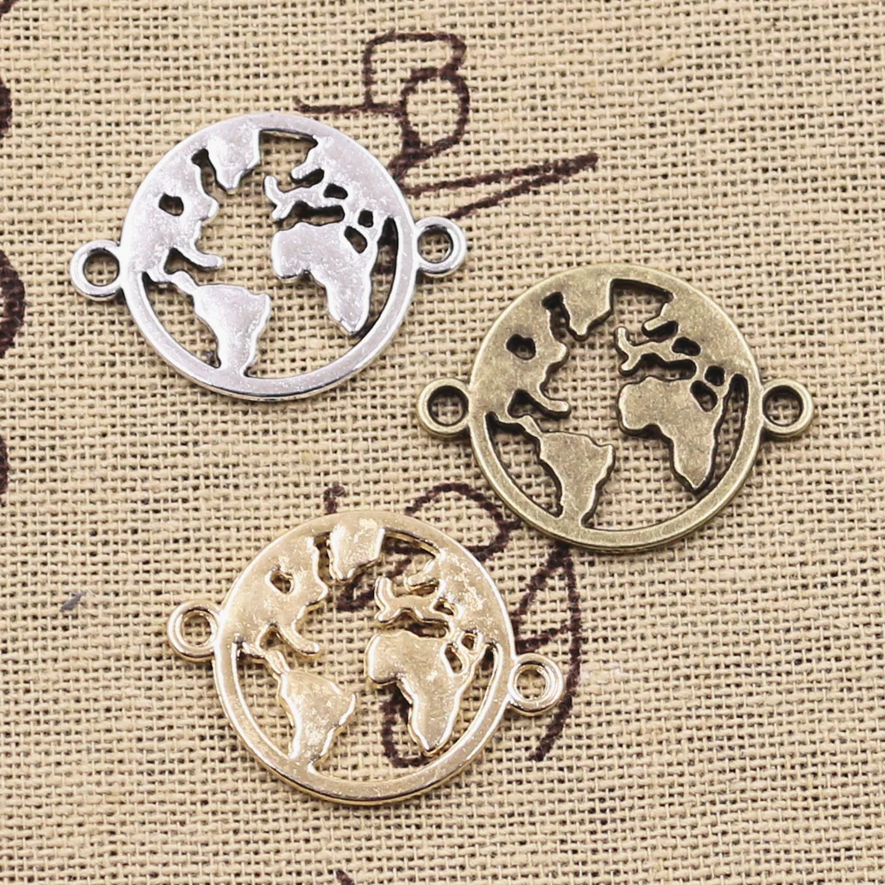 12pcs Charms World Map Link Earth Connector 20x26mm Antique Bronze Silver Color Pendants Making DIY Handmade Tibetan Finding