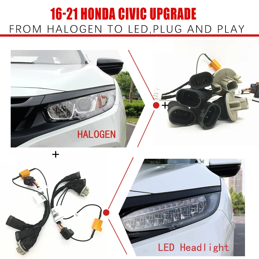 

Car Headlight Modification Upgrade Transfer Wire Harness Headlamp Modify For Honda 16-21 CIVIC From Halogen To LED Play And Plug