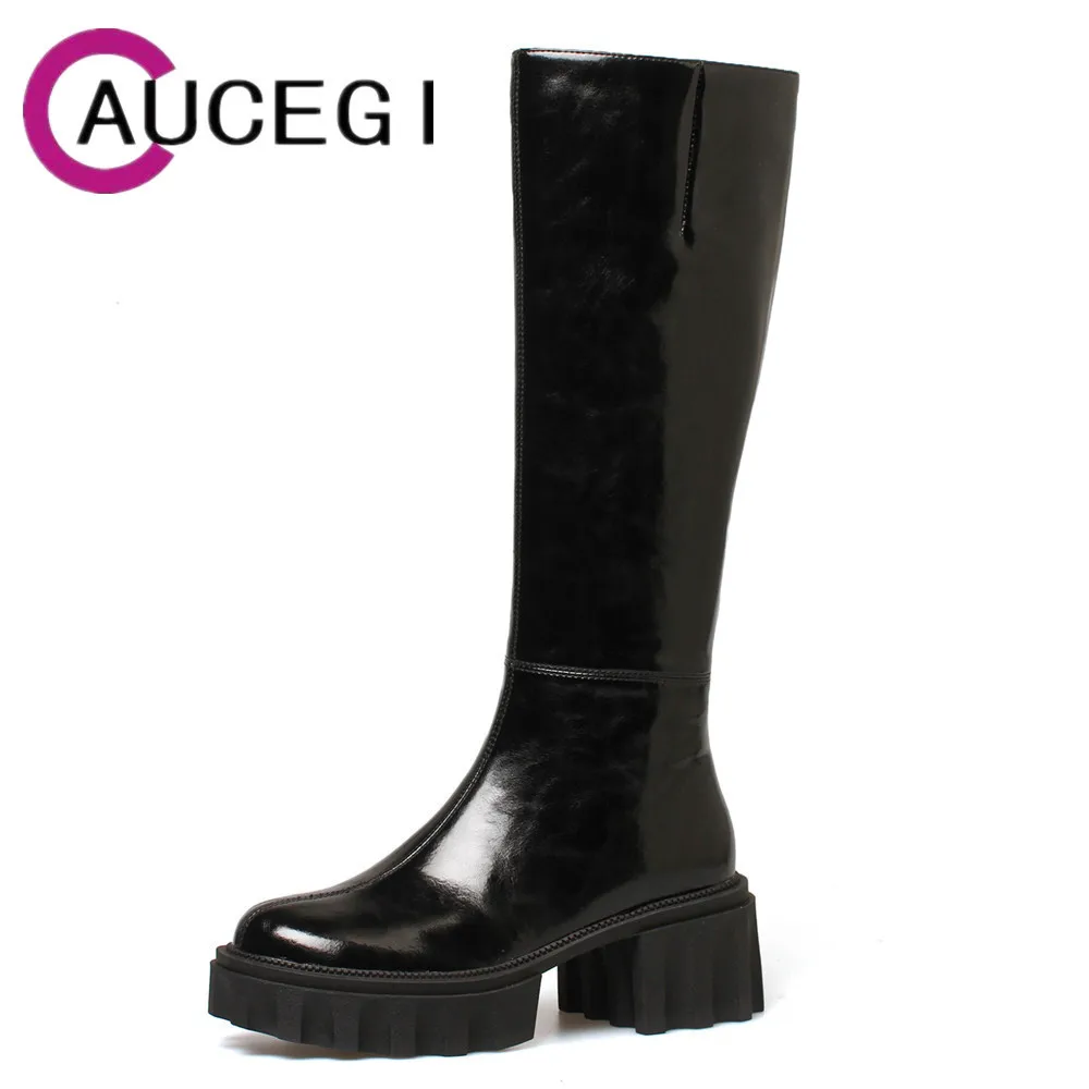 Aucegi 2022 New INS Women Knee High Boots Patent Leather Warm Platform Thick Heels Zip Round Toe Anti-Water Party  Casual Shoes