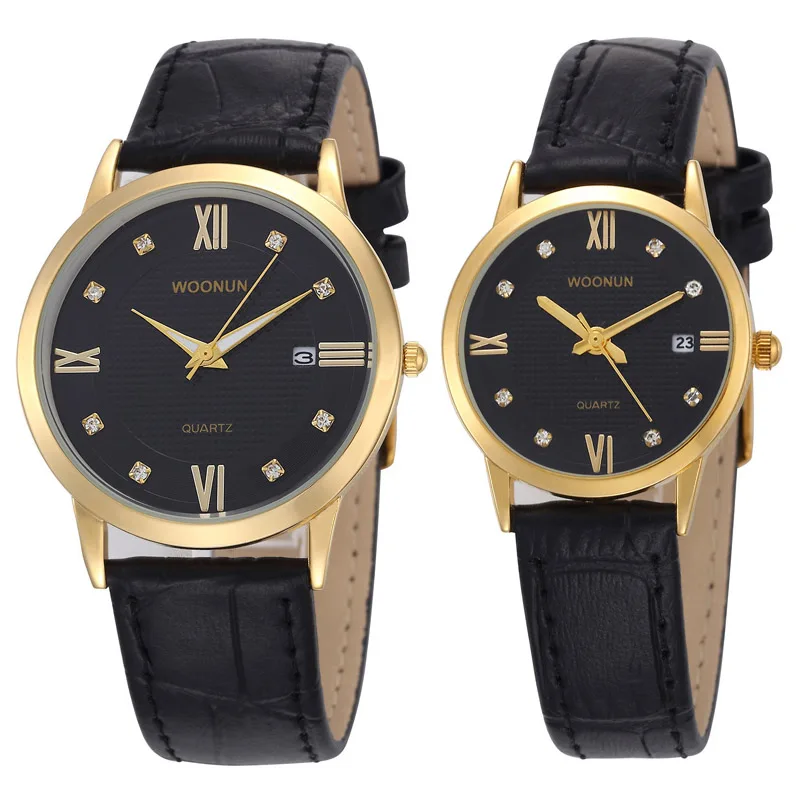 Top Brand Luxury Gold Couple Watches WOONUN Lovers Leather Strap Rhinestone Quartz Couple Watches Set Vestidos De Lujo Cinturon