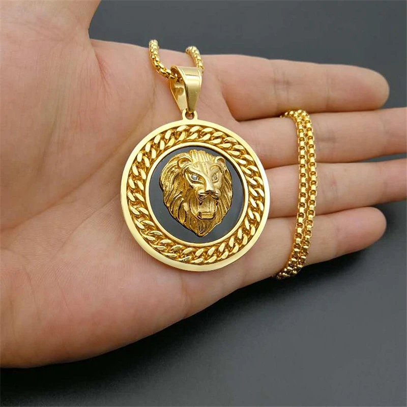 Mens Lion Head Necklace Pendant With Cuban Chain Male Hip Hop Gold Color Stainless Steel Animal Necklace Golden Jewelry Dropship