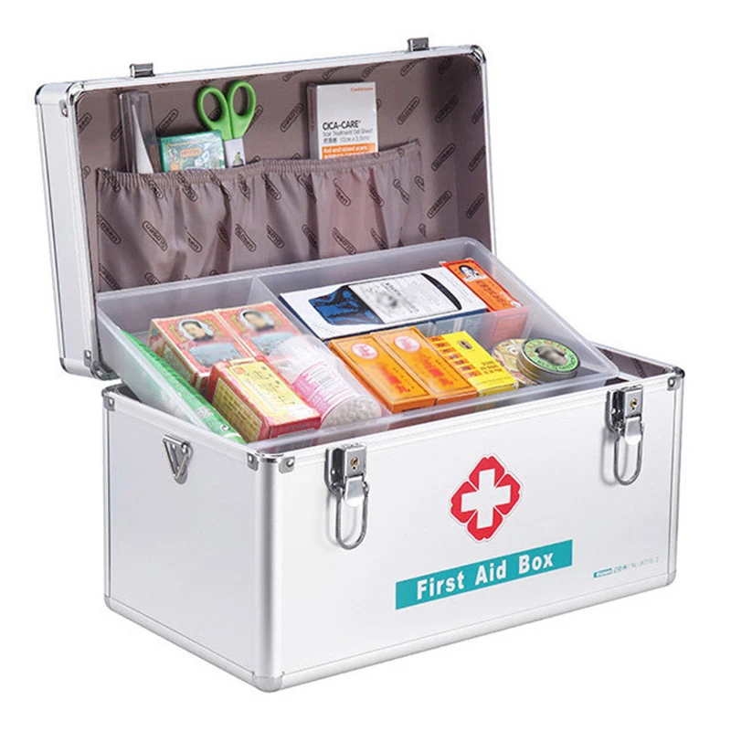 2-layer portable first aid kit storage box aluminum alloy multifunctional family emergency medicine box with handle medicine box