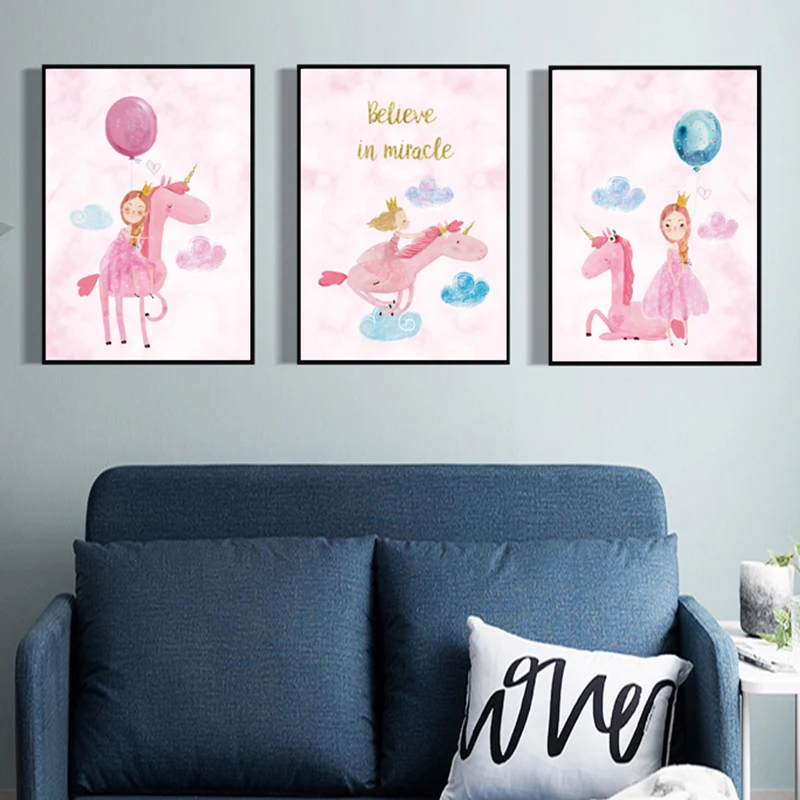 Cartoon Prinzessin und Pferd Leinwand Poster Baby Mädchen Kindergarten Zitat Wand Kunstdruck Malerei nordische Kinderzimmer Dekoration