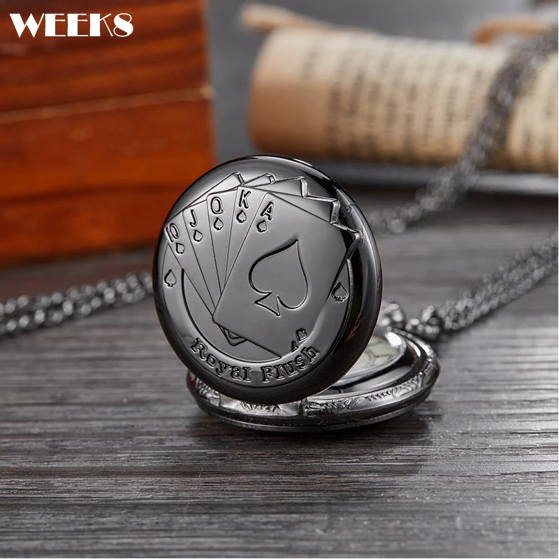 

Necklace Pendant Quartz Pocket Watch Poker Cards Laser Engraved Black Color Small Fob Chain Clock Gifts for Boys Men Women Reloj