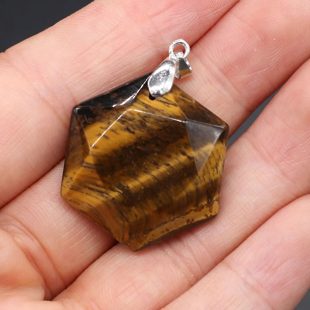 Natural Gem Rose Quartz Tiger Eye Stone Crystal Agate Hexagon Pendant DIY Necklace Earring Jewelry Accessories Party Gift Making