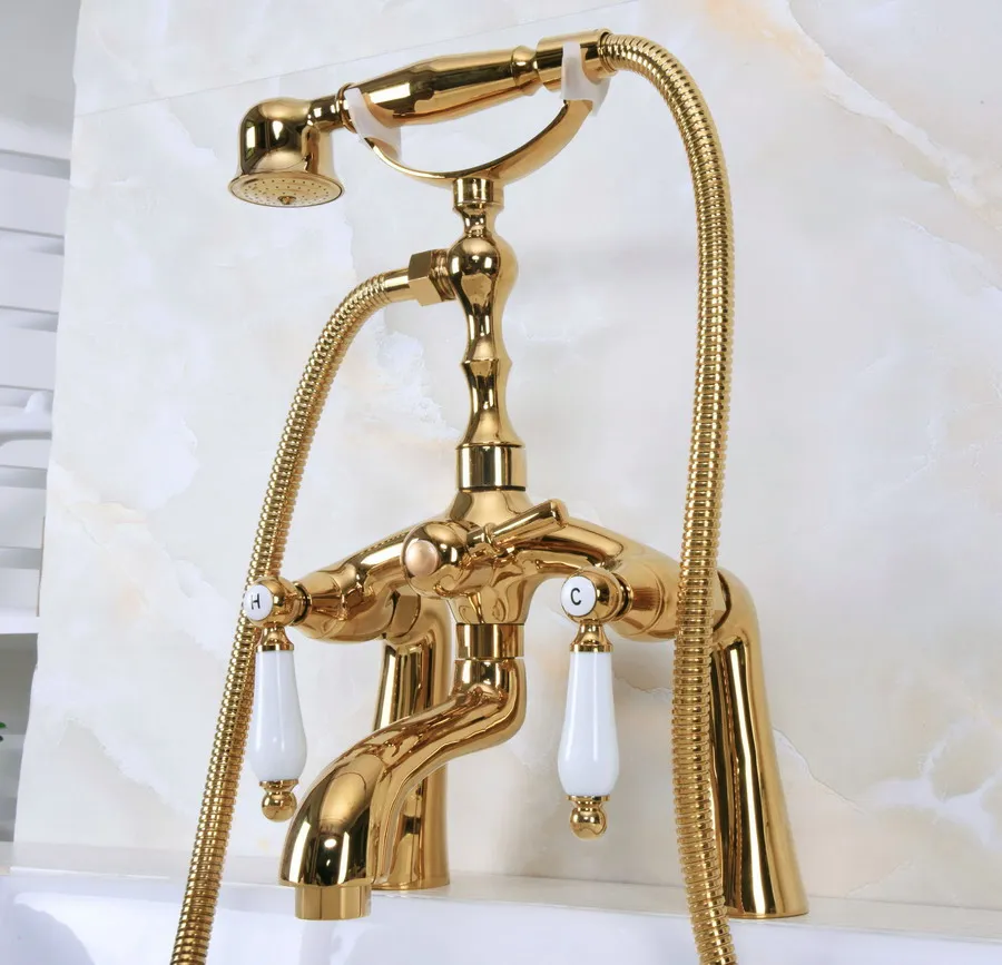 Polished Gold Color Brass Deck Mounted ClawFoot Bathroom Tub Faucet Dual Ceramic Handles Telephone Style Hand Shower Head ana133