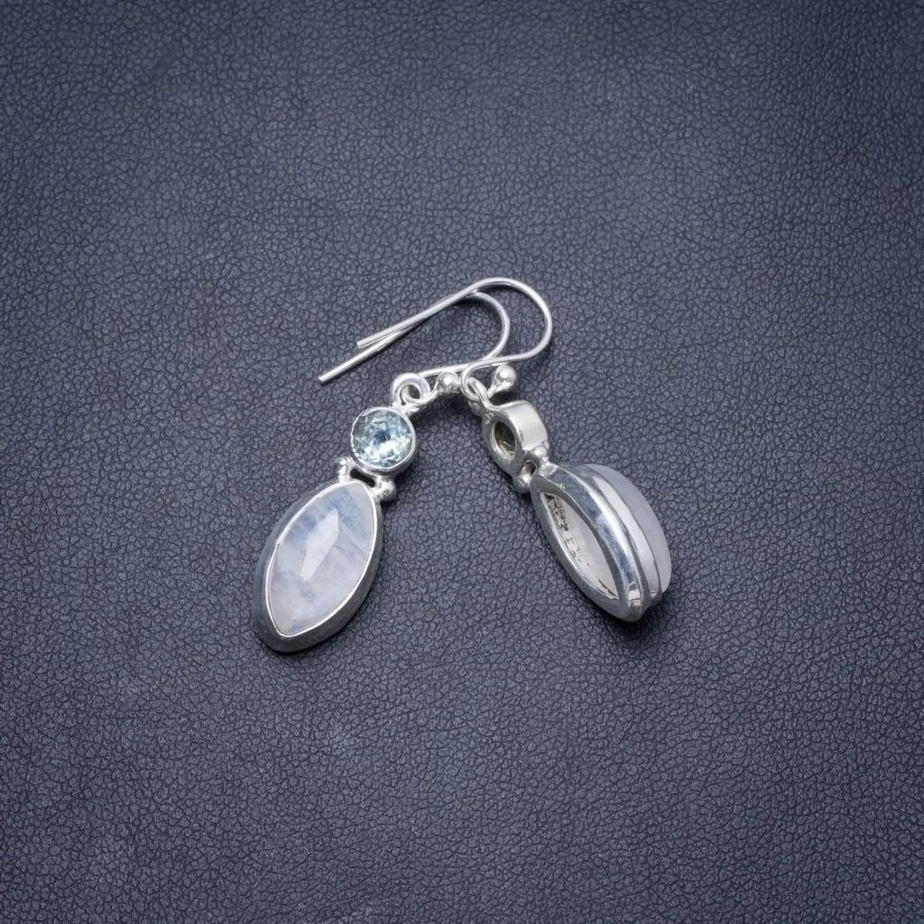 

Natural Rainbow Moonstone and Blue Topaz Handmade Unique 925 Sterling Silver Earrings 1.25" Y3164