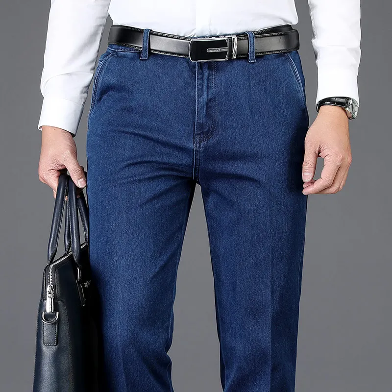 Pantalones vaqueros gruesos de cintura alta para hombre, pantalón recto elástico, informal, de negocios, de marca, estilo clásico, Otoño e Invierno