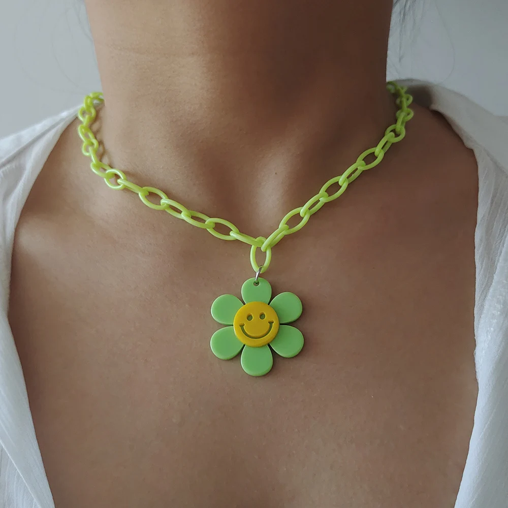 ZX New Large Sunflower Face Pendants Necklace for Women Handmade Acrylic Chain Chokers Necklace Girls Fashion Jewelry Wholesale