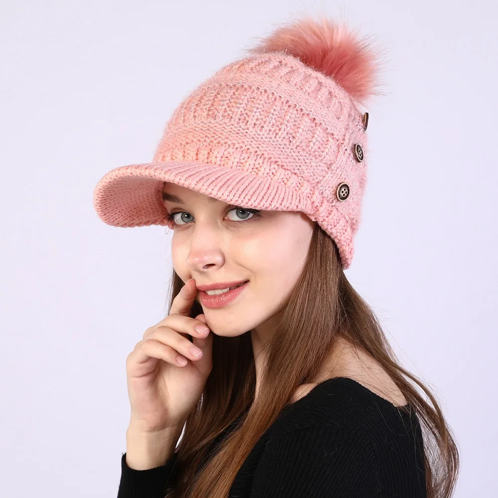 Autumn And Winter Female Warm Hat Beanies Cap With Visor Women Skullies Acrylic Button Hairball Plus Velvet Warm Soft Knitting