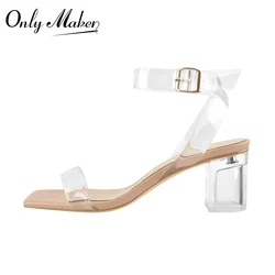 Onlymaker sandali con tacco grosso trasparenti estivi fibbia alla caviglia cinturino in PVC scarpe con punta quadrata per donna matrimonio confortevole di grandi dimensioni