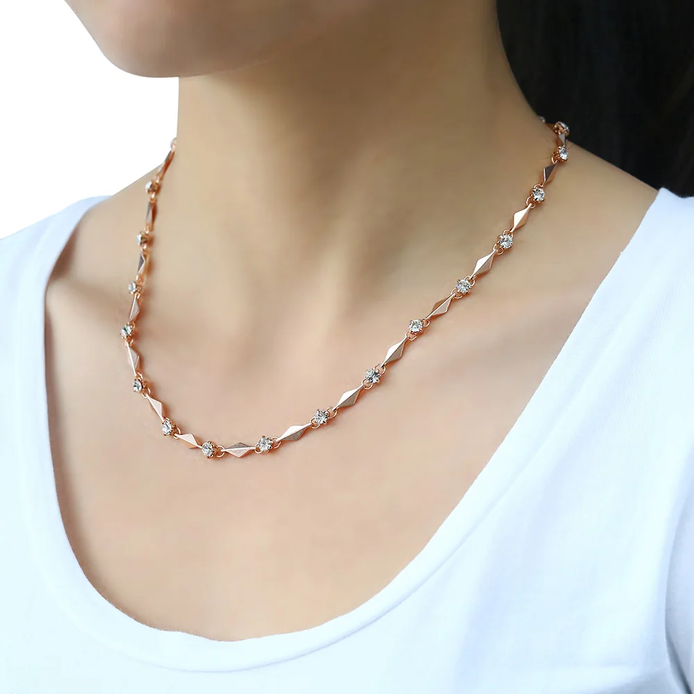 585 Rose Gold Color Necklace for Women Rhinestones Link Womens Chain Necklace Jewelry Gift for Women 4mm 45cm GN238