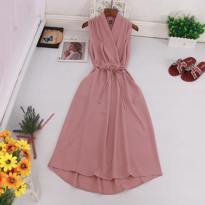 Sleeveless Chiffon Dress Women 2024 Summer New Korean Version Wild Loose Thin Lace-up Mid-length Temperament V-neck Long Dresss