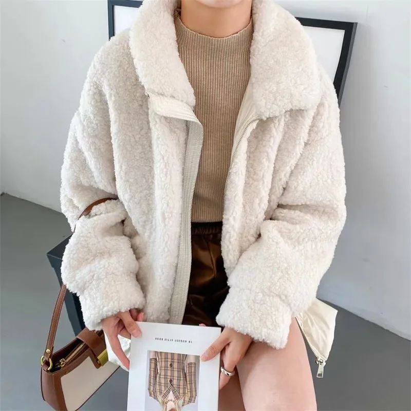 Lamb Wool Thick Fashion Women's Winter Korean Loose Zipper Top High Quality Faux Fur Overcoat Luxury Lapel White Duck Down Coat